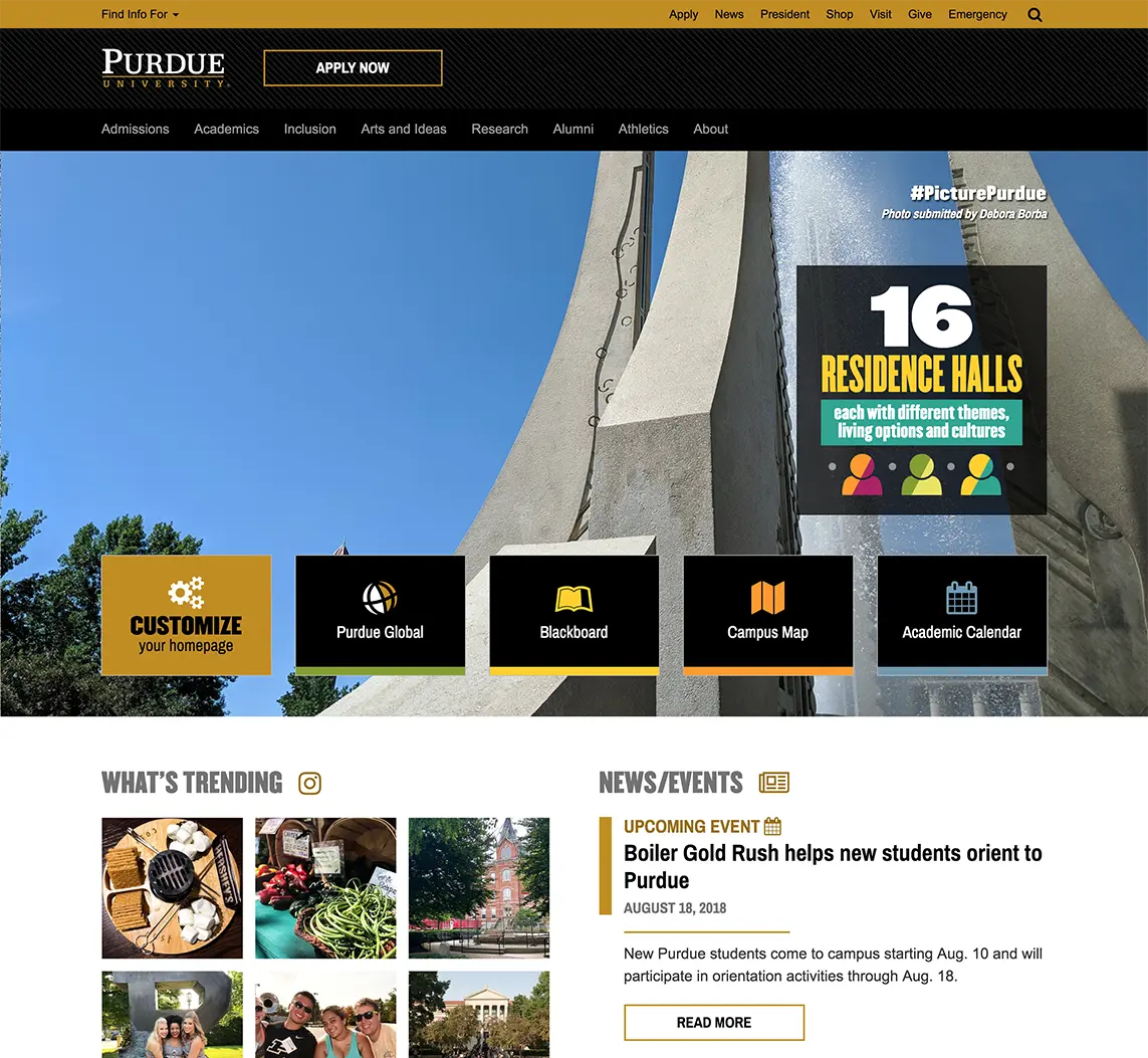 screenshot of features added to the Purdue home page